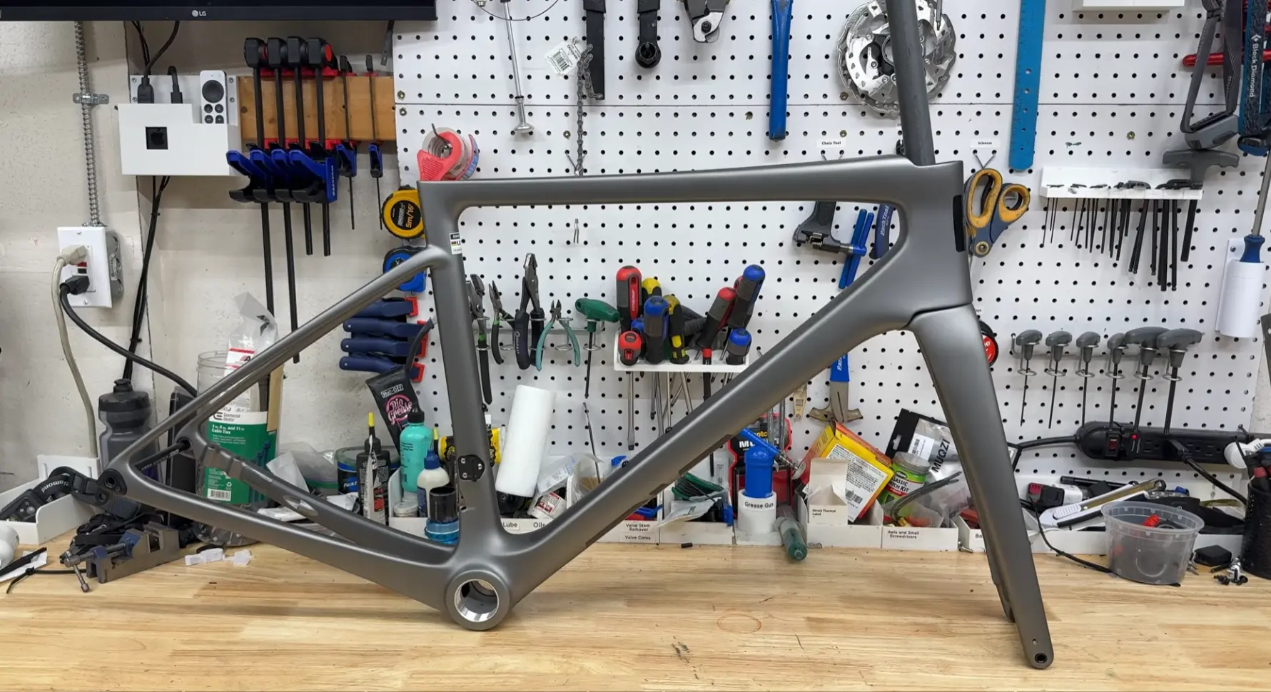 ENVE Melee frameset in Damascus colorway on workshop bench
