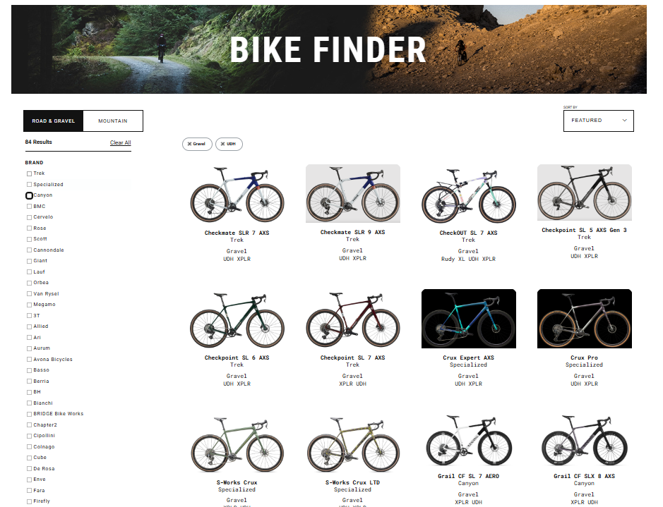 SRAM Bike Finder filtered by UDH and Gravel showing 84 results