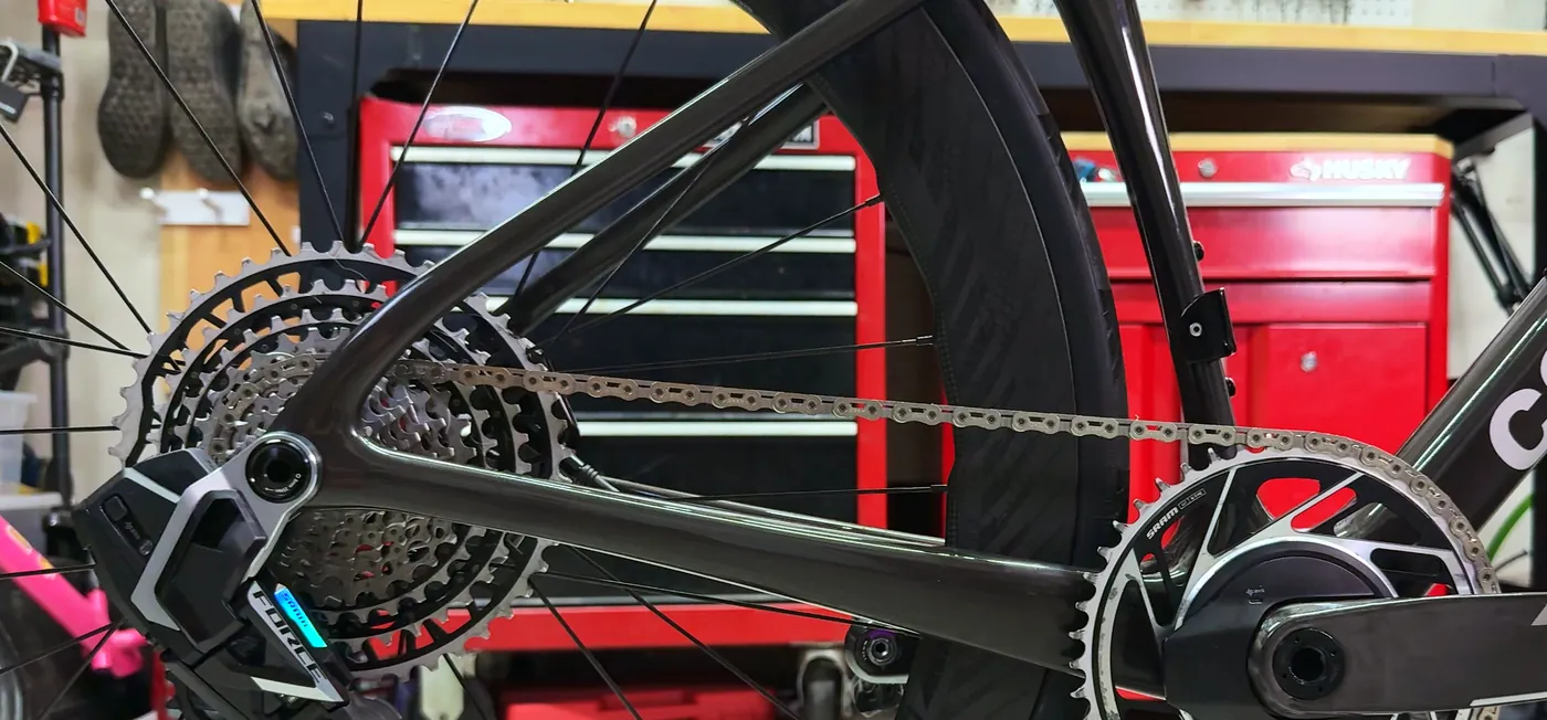 SRAM Force XPLR 13-speed cassette, chain, and rear derailleur on the SuperSix Evo
